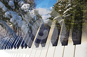 Classical music background art photo double exposure of piano keys and winter landscape