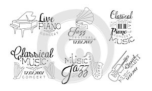 Classical Music Concert Hand Drawn Badges Set, Jazz Festival, Live Piano Monochrome Vector Illustration
