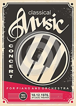 Classical music concert for piano and orchestra retro poster design