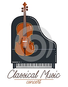Classical music emblem or logo vector flat style illustration isolated, grand piano andcello logotype for recording label or
