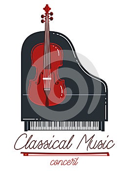 Classical music emblem or logo vector flat style illustration isolated, grand piano andcello logotype for recording label or