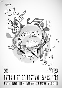 Classical music festival advertising poster template with tunes.