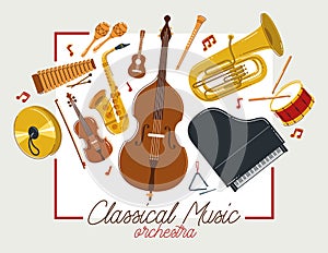 Classical music instruments poster vector flat style illustration, classic orchestra acoustic flyer or banner, concert or festival