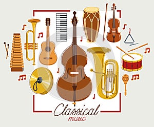 Classical music instruments poster vector flat style illustration, classic orchestra acoustic flyer or banner, concert or festival photo