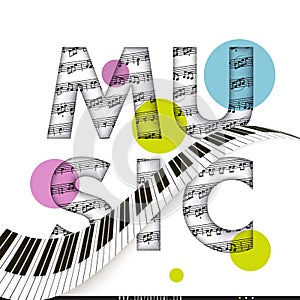 Classical music, notes. Musical text and a piano keyboard. Abstract background. Vector illustration