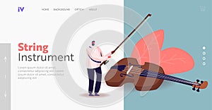 Classical Music Performance, Instrumental Ensemble Landing Page Template. Tiny Musician with Huge Violin and Bow