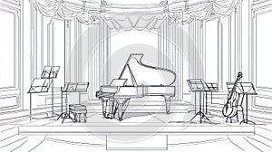 Concert Hall Stage with Grand Piano, Cello, and Music Stands - Line Art