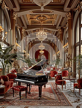 Classical music room with grand pianos and velvet seating