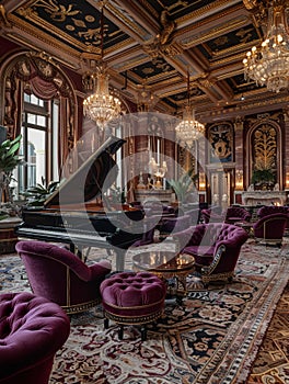 Classical music room with grand pianos and velvet seating