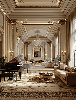 Classical music room with grand pianos and velvet seating