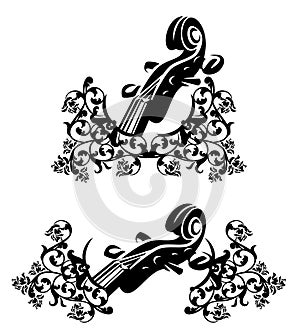 Classical music vector black and white heraldic emblem with violin instrument and rose flowers