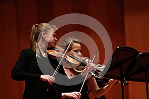 Classical music. Violinists in concert. Stringed, violinist.Closeup of musician playing the violin during a symphony