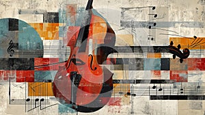 Classical musical instruments on background with music notes. Artistic illustration.
