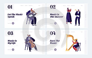 Classical Musicians with Instruments Website Landing Page Set, Symphony Orchestra Music Concert, Violin, Flute, Cello, Trumpet