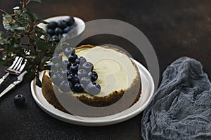 Classical New York cheesecake with blueberries. Homemade baking