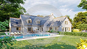 Classical pitched slate roof house with pool and garden