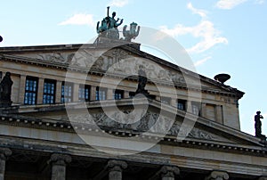 Classical portico of the Concert Hall at Gendarmenmarkt, architectural details and sculptures, Berlin, Germany