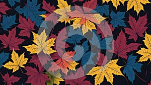 Classical red, blue and yellow maple leaves with dark background Generative AI