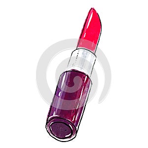 Classical red lipstick. Posh vinous pomade in purple case on white background. Always trendy color, cosmetics for every d