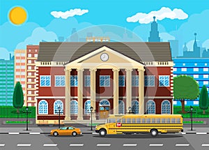 Classical school building and cityscape.