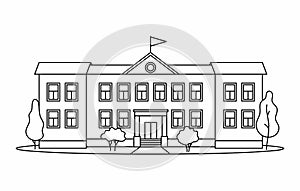 Classical school building with columns for kids or pupil drawn with contour black lines on white background