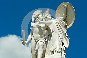 Classical sculptures in Berlin - Athena protects the young hero. Carrara marble sculpture by Gustav Blaeser 1854,