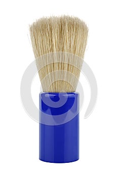 Classical shaving brush with bright blue plastic handle isolated on white background