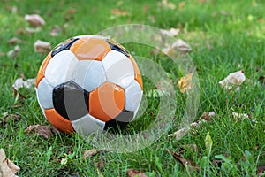 Classical soccerball on a green grass. Old soccer (football) ball on green field.