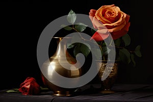 Classical still life with roses in a messing vase