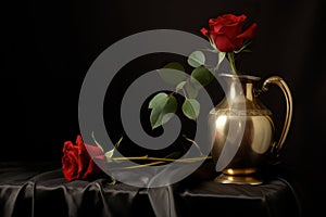 Classical still life with roses in a messing vase