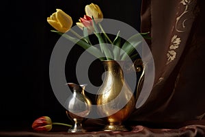 Classical still life. A table with in an old messing vase and tulips