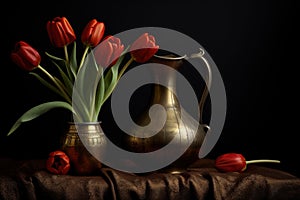 Classical still life. A table with in an old messing vase and tulips