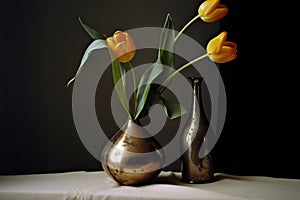 Classical still life. A table with in an old messing vase and tulips