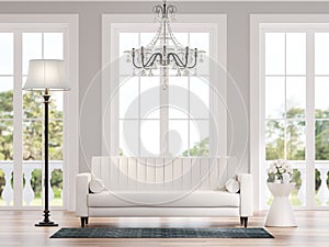 Classical style living room with blurry nature background 3d render