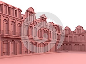 Classical style townhouse with coral pink color 3d render