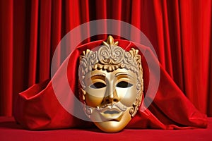 classical theater mask against a red curtain
