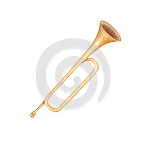 Classical trumpet. Vintage brass musical instrument. Symphony orchestra music program design element. Watercolor illustration