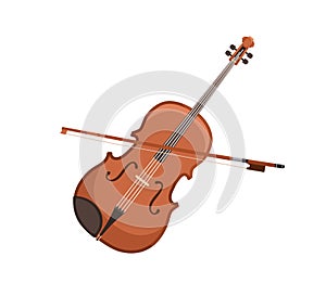 Classical violin and bow. Wooden fiddle with fiddlestick. Orchestra string music instrument. Colored flat vector photo
