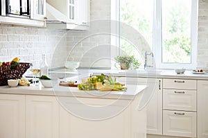 Classical white kitchen with healthy food