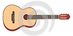 Classical wooden guitar. String plucked musical instrument. Rock or jazz equipment. Vector illustration isolated on white