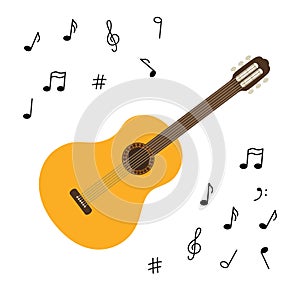 Classical wooden guitar. String plucked musical instrument. Small acoustic guitar or ukulele. Rock or jazz equipment