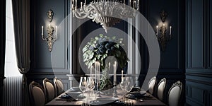 Classically-styled formal dining room with a large chandelier. Generative AI