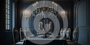 Classically-styled formal dining room with a large chandelier. Generative AI