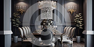 Classically-styled formal dining room with a large chandelier. Generative AI