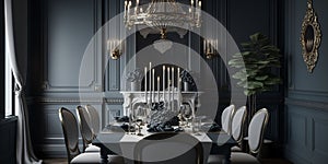 Classically-styled formal dining room with a large chandelier. Generative AI