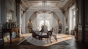 Classically-styled formal dining room with a large chandelier. Generative AI