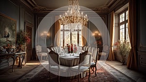 Classically-styled formal dining room with a large chandelier. Generative AI