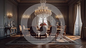 Classically-styled formal dining room with a large chandelier. Generative AI