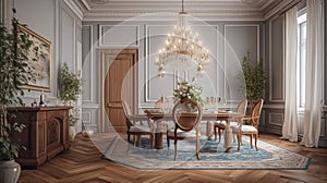 Classically-styled formal dining room with a large chandelier. Generative AI