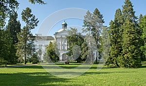 Classicist-style manor house and castle in Topolcianky park. Slovakia